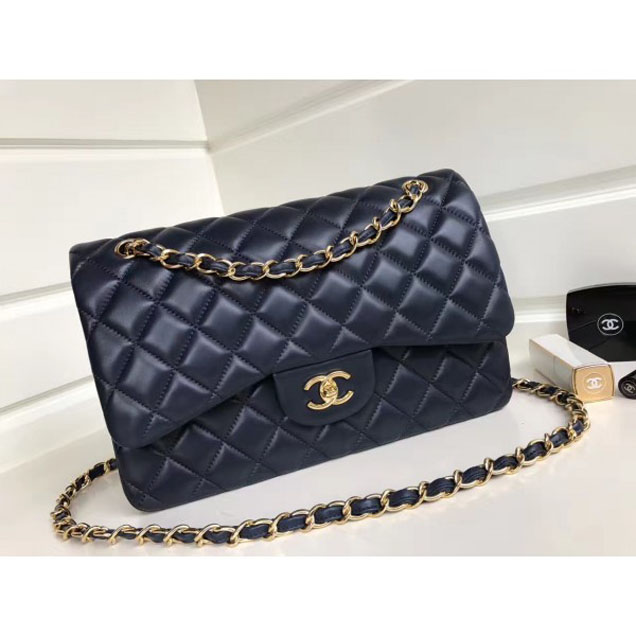 Chanel Classic Flap Jumbo/Large Bag A1113 Navy Blue in Sheepskin Leather with Gold Hardware