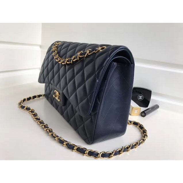 Chanel Classic Flap Jumbo/Large Bag A1113 Navy Blue in Sheepskin Leather with Gold Hardware