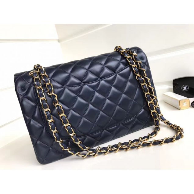 Chanel Classic Flap Jumbo/Large Bag A1113 Navy Blue in Sheepskin Leather with Gold Hardware