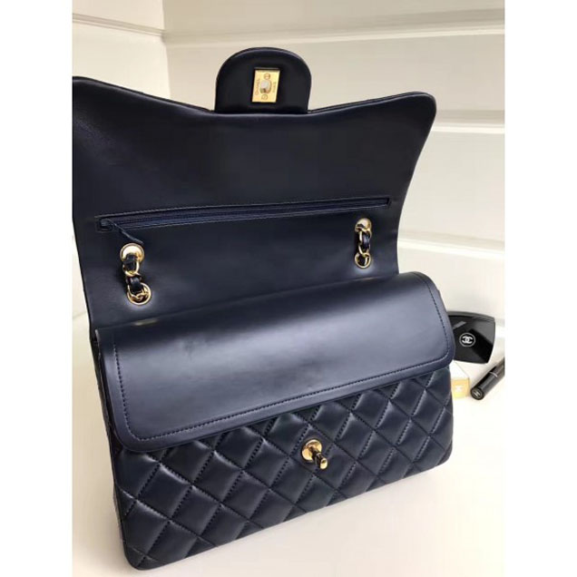 Chanel Classic Flap Jumbo/Large Bag A1113 Navy Blue in Sheepskin Leather with Gold Hardware