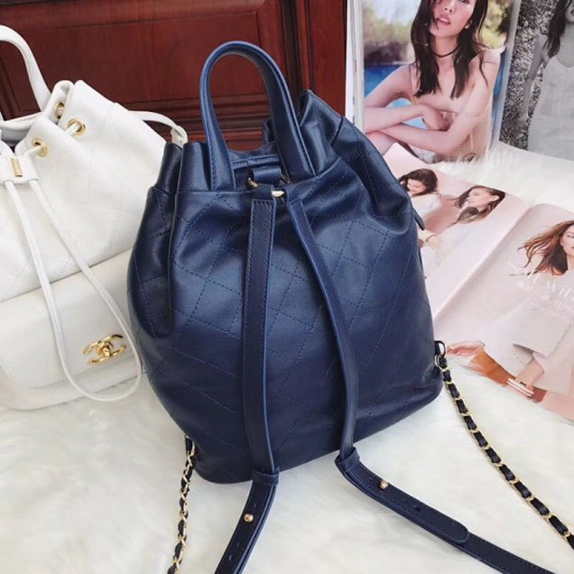 Chanel Grained Calfskin Flap Drawstring Backpack Bag Royal Blue 2018