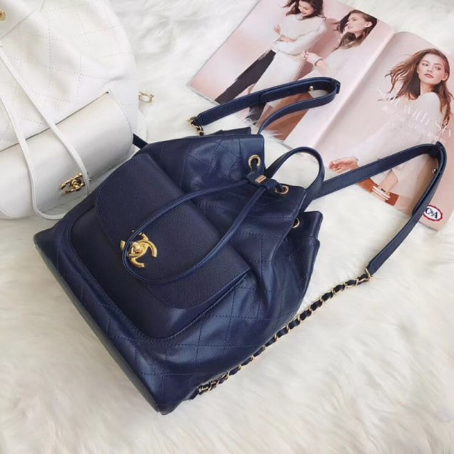 Chanel Grained Calfskin Flap Drawstring Backpack Bag Royal Blue 2018
