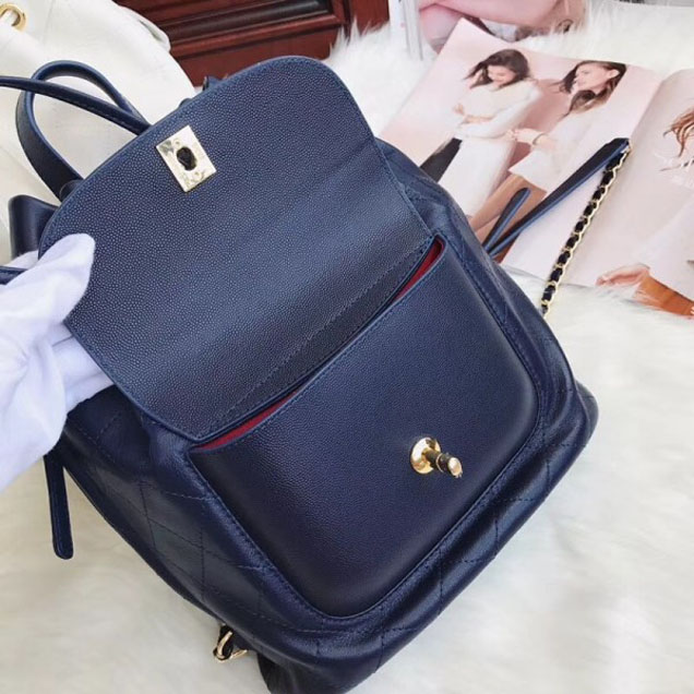 Chanel Grained Calfskin Flap Drawstring Backpack Bag Royal Blue 2018