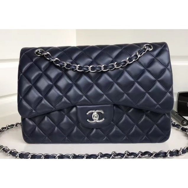 Chanel Classic Flap Jumbo/Large Bag A1113 Navy Blue in Sheepskin Leather with Silver Hardware