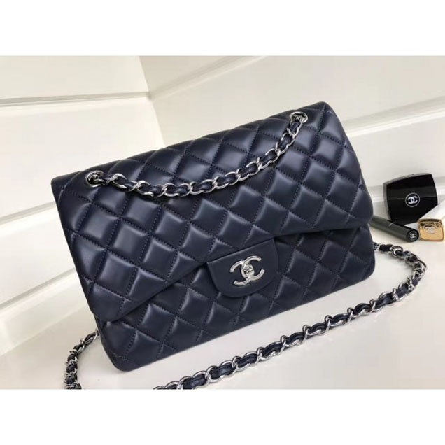 Chanel Classic Flap Jumbo/Large Bag A1113 Navy Blue in Sheepskin Leather with Silver Hardware