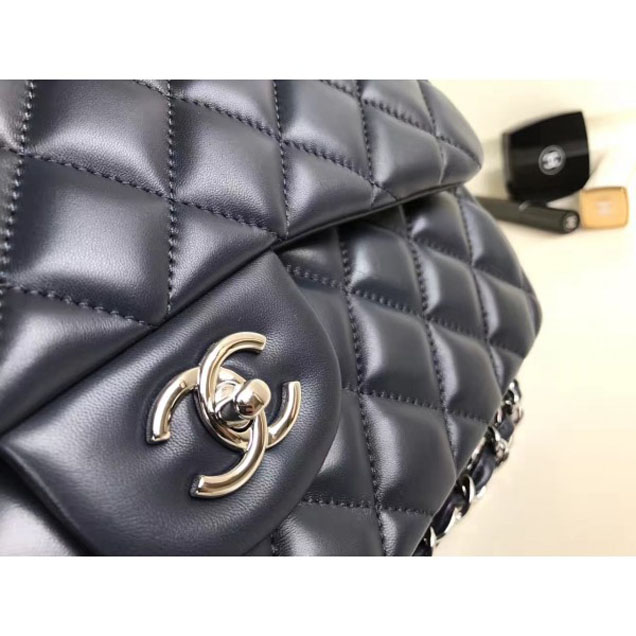 Chanel Classic Flap Jumbo/Large Bag A1113 Navy Blue in Sheepskin Leather with Silver Hardware
