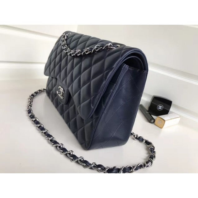 Chanel Classic Flap Jumbo/Large Bag A1113 Navy Blue in Sheepskin Leather with Silver Hardware