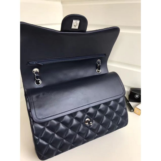 Chanel Classic Flap Jumbo/Large Bag A1113 Navy Blue in Sheepskin Leather with Silver Hardware