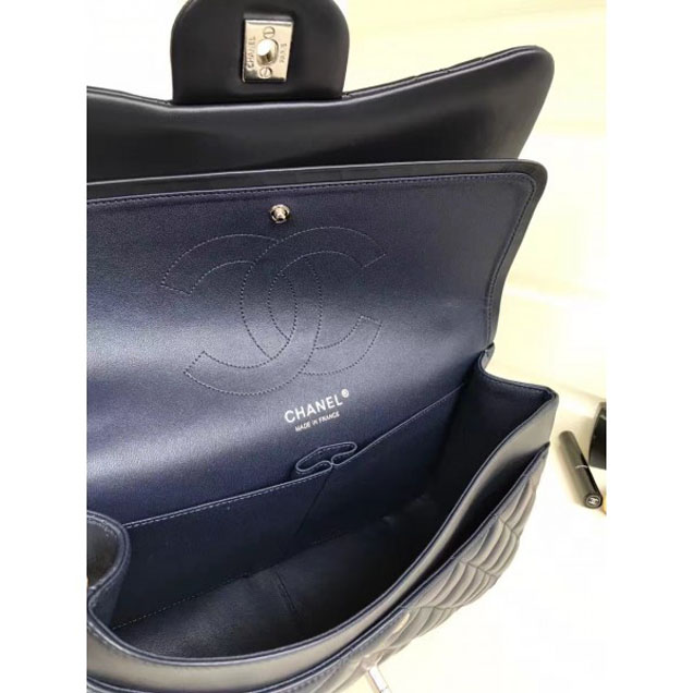 Chanel Classic Flap Jumbo/Large Bag A1113 Navy Blue in Sheepskin Leather with Silver Hardware