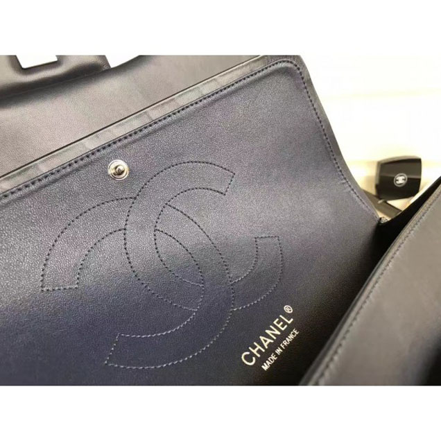 Chanel Classic Flap Jumbo/Large Bag A1113 Navy Blue in Sheepskin Leather with Silver Hardware