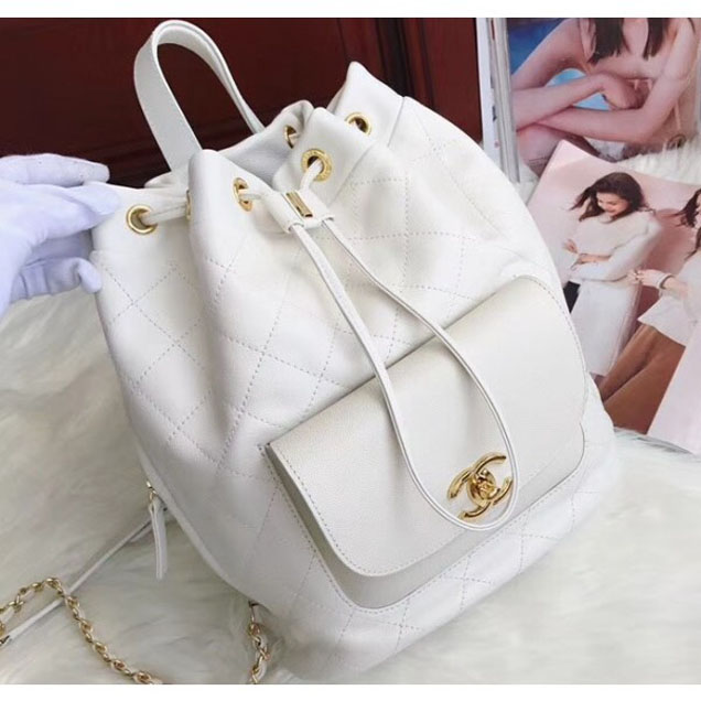 Chanel Grained Calfskin Flap Drawstring Backpack Bag White 2018