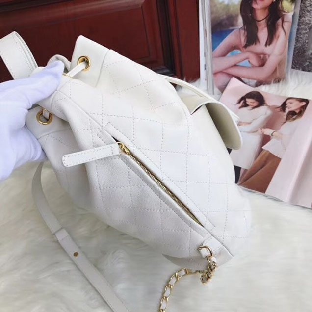 Chanel Grained Calfskin Flap Drawstring Backpack Bag White 2018