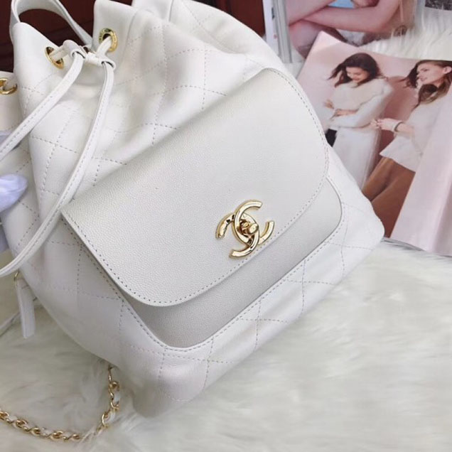 Chanel Grained Calfskin Flap Drawstring Backpack Bag White 2018