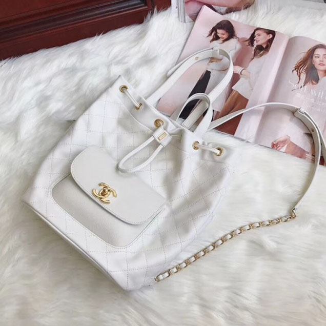 Chanel Grained Calfskin Flap Drawstring Backpack Bag White 2018