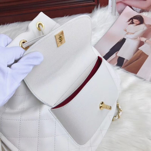 Chanel Grained Calfskin Flap Drawstring Backpack Bag White 2018