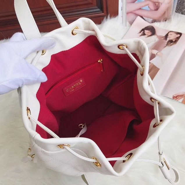 Chanel Grained Calfskin Flap Drawstring Backpack Bag White 2018