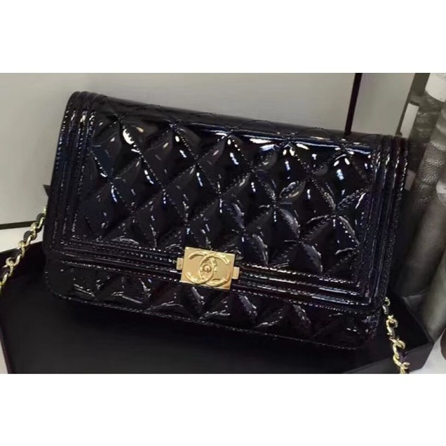 Chanel Boy Wallet On Chain WOC Bag In Patent Leather Black/Gold