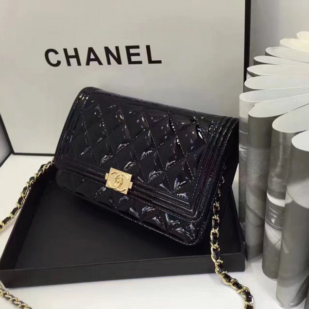Chanel Boy Wallet On Chain WOC Bag In Patent Leather Black/Gold