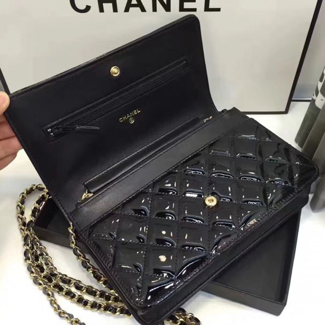Chanel Boy Wallet On Chain WOC Bag In Patent Leather Black/Gold