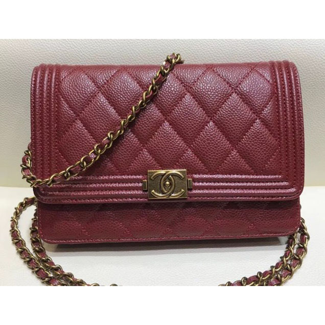 Chanel Boy Wallet On Chain WOC Bag In Grained Calfskin Dark Red/Gold