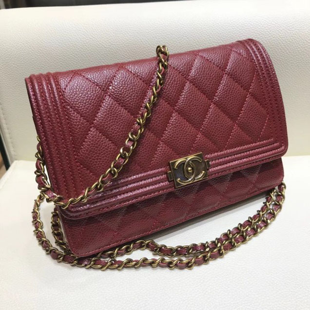 Chanel Boy Wallet On Chain WOC Bag In Grained Calfskin Dark Red/Gold