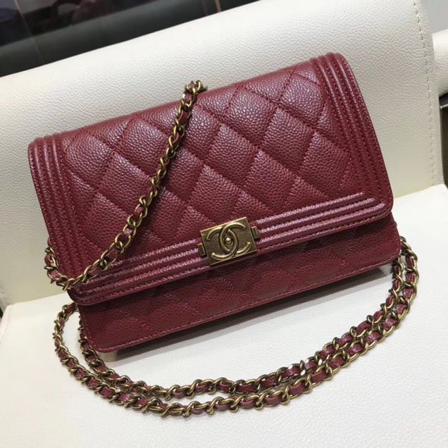 Chanel Boy Wallet On Chain WOC Bag In Grained Calfskin Dark Red/Gold