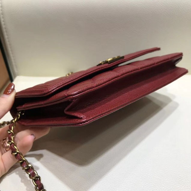 Chanel Boy Wallet On Chain WOC Bag In Grained Calfskin Dark Red/Gold
