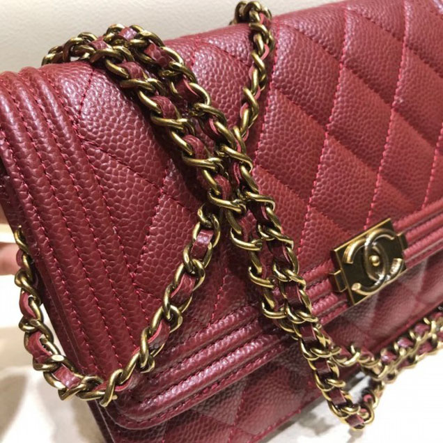 Chanel Boy Wallet On Chain WOC Bag In Grained Calfskin Dark Red/Gold