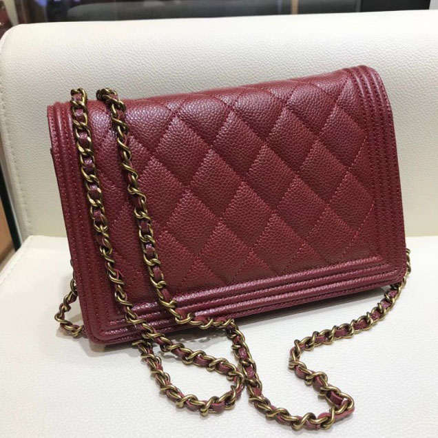 Chanel Boy Wallet On Chain WOC Bag In Grained Calfskin Dark Red/Gold