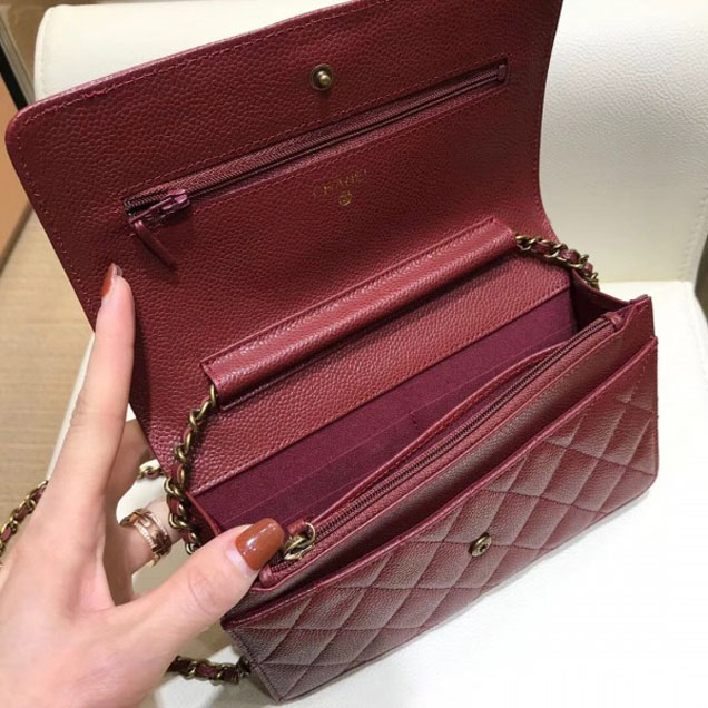 Chanel Boy Wallet On Chain WOC Bag In Grained Calfskin Dark Red/Gold