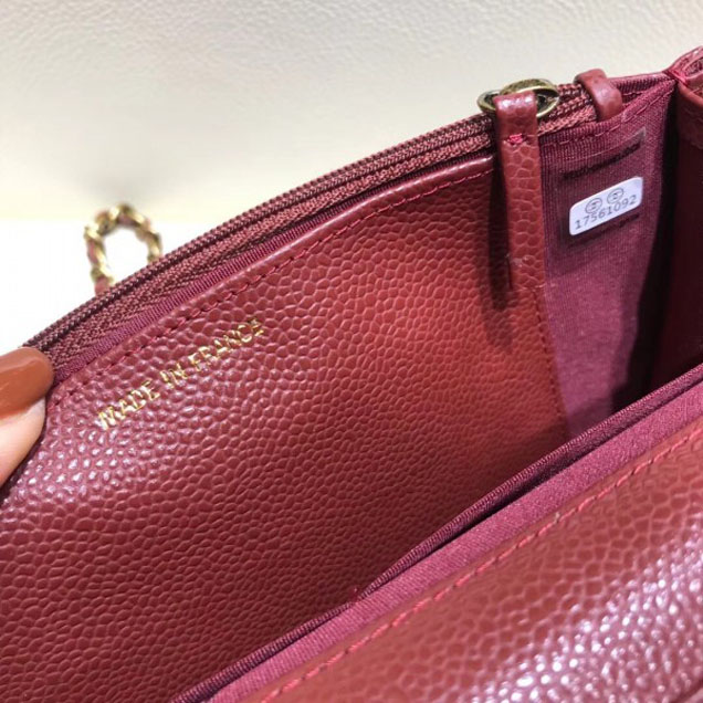 Chanel Boy Wallet On Chain WOC Bag In Grained Calfskin Dark Red/Gold