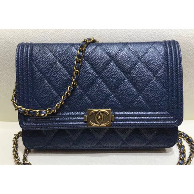 Chanel Boy Wallet On Chain WOC Bag In Grained Calfskin Royal Blue/Gold