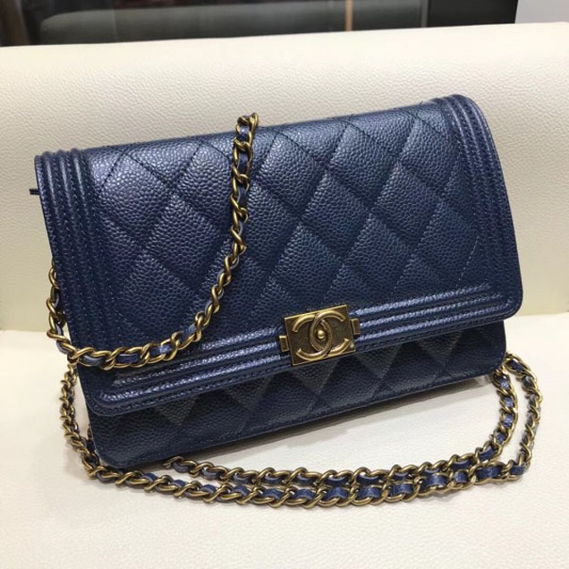 Chanel Boy Wallet On Chain WOC Bag In Grained Calfskin Royal Blue/Gold