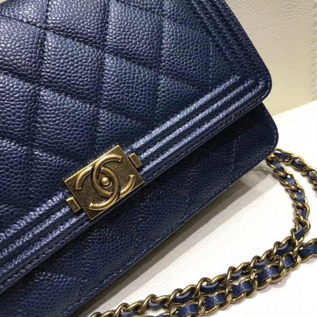 Chanel Boy Wallet On Chain WOC Bag In Grained Calfskin Royal Blue/Gold
