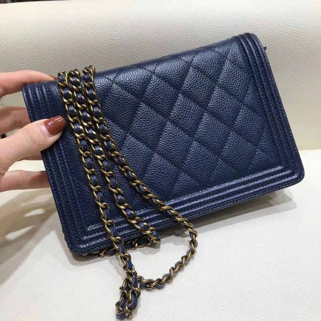 Chanel Boy Wallet On Chain WOC Bag In Grained Calfskin Royal Blue/Gold