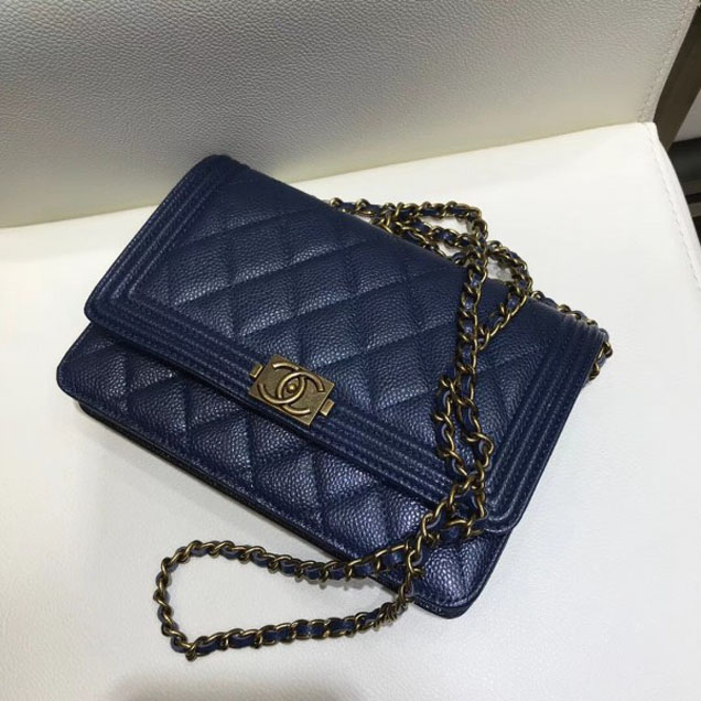Chanel Boy Wallet On Chain WOC Bag In Grained Calfskin Royal Blue/Gold