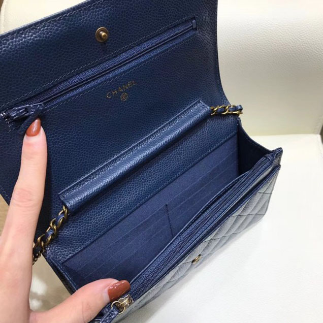 Chanel Boy Wallet On Chain WOC Bag In Grained Calfskin Royal Blue/Gold