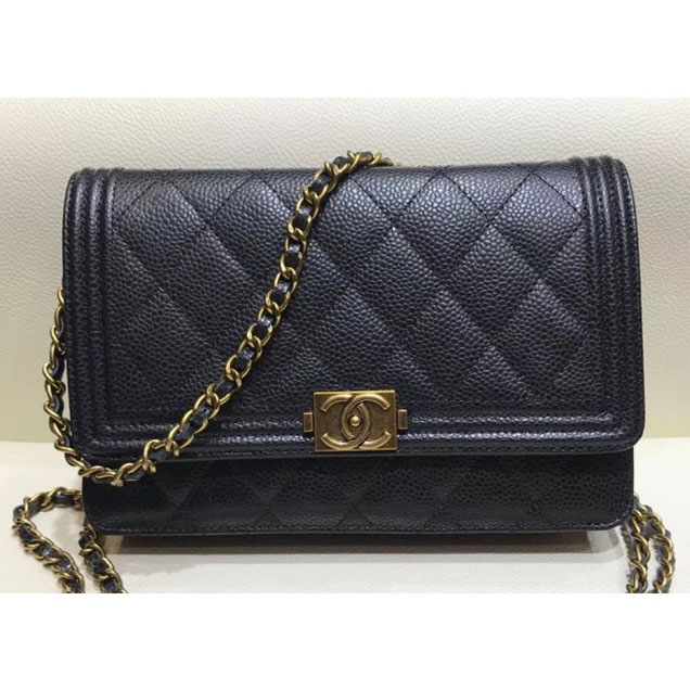 Chanel Boy Wallet On Chain WOC Bag In Grained Calfskin Black/Gold