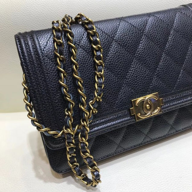 Chanel Boy Wallet On Chain WOC Bag In Grained Calfskin Black/Gold