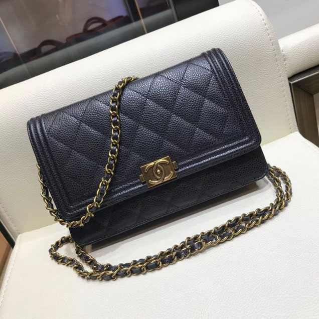 Chanel Boy Wallet On Chain WOC Bag In Grained Calfskin Black/Gold
