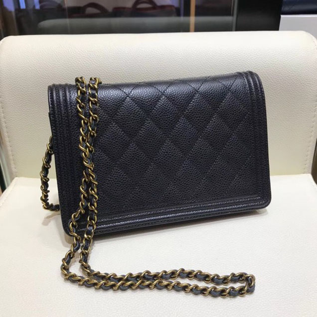 Chanel Boy Wallet On Chain WOC Bag In Grained Calfskin Black/Gold