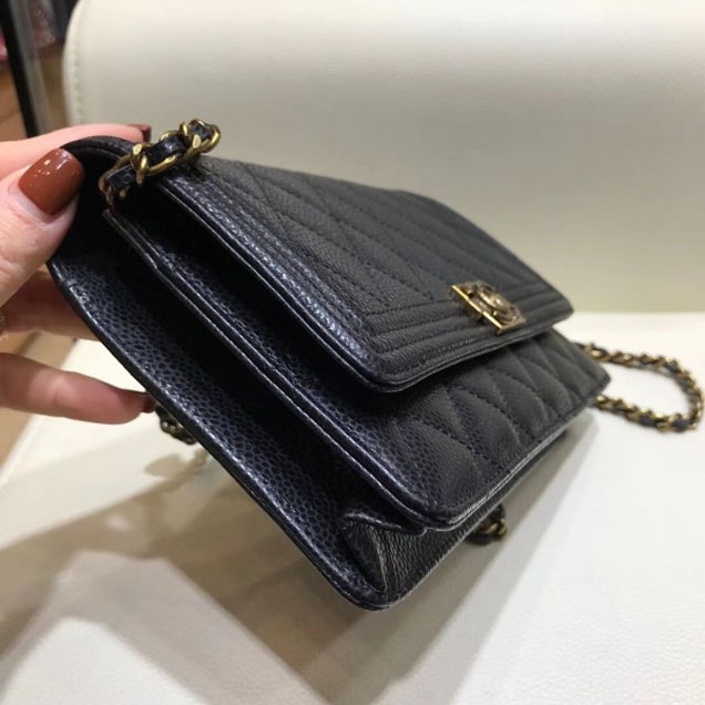 Chanel Boy Wallet On Chain WOC Bag In Grained Calfskin Black/Gold