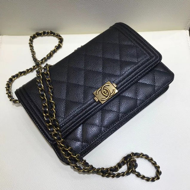 Chanel Boy Wallet On Chain WOC Bag In Grained Calfskin Black/Gold