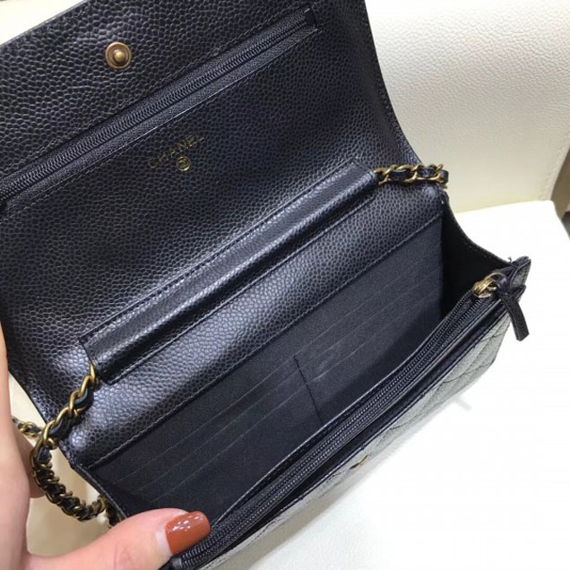 Chanel Boy Wallet On Chain WOC Bag In Grained Calfskin Black/Gold