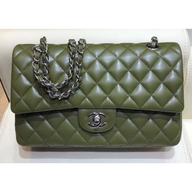 Chanel Classic Flap Medium Bag A1112 Dark Green in Original Leather with Silver Hardware 2018