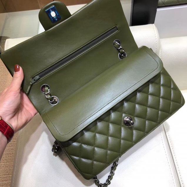Chanel Classic Flap Medium Bag A1112 Dark Green in Original Leather with Silver Hardware 2018