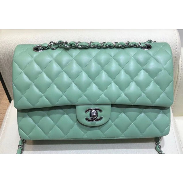 Chanel Classic Flap Medium Bag A1112 Light Green in Original Leather with Silver Hardware 2018