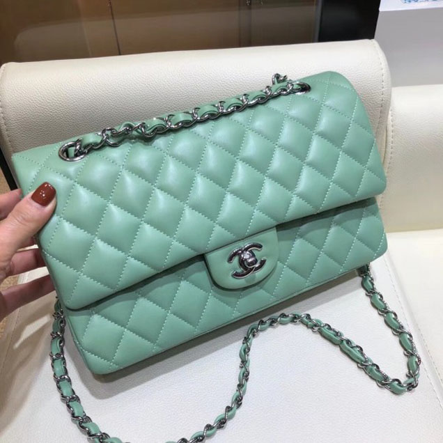 Chanel Classic Flap Medium Bag A1112 Light Green in Original Leather with Silver Hardware 2018