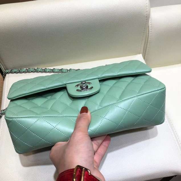Chanel Classic Flap Medium Bag A1112 Light Green in Original Leather with Silver Hardware 2018
