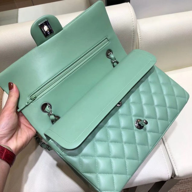 Chanel Classic Flap Medium Bag A1112 Light Green in Original Leather with Silver Hardware 2018